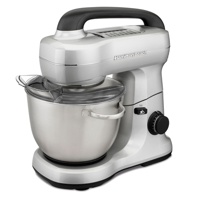 HAMILTON BEACH<sup>&reg;</sup> 7 Speed Deluxe Stand Mixer with Accessory - Includes a 4-quart stainless steel bowl, softscrape beater, flat beater, whisk, dough hook and splash guard. It has durable metal gears and a powerful 450-watt motor.